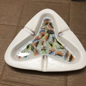 Jacquin California Pottery Ashtray USA Crackle Art Glass Mosaic Triangle Shape